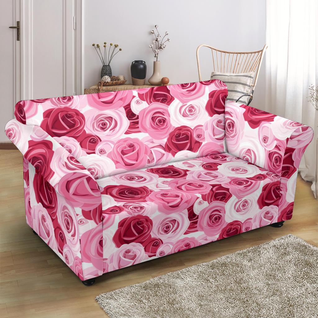 Pink Red Rose Pattern Print Loveseat Slipcover-JTAMIGO.COM