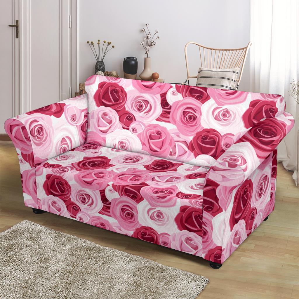 Pink Red Rose Pattern Print Loveseat Slipcover-JTAMIGO.COM