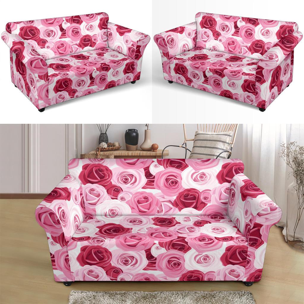 Pink Red Rose Pattern Print Loveseat Slipcover-JTAMIGO.COM
