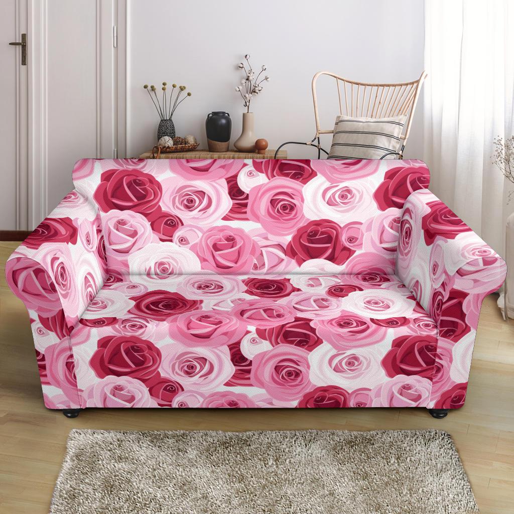 Pink Red Rose Pattern Print Loveseat Slipcover-JTAMIGO.COM