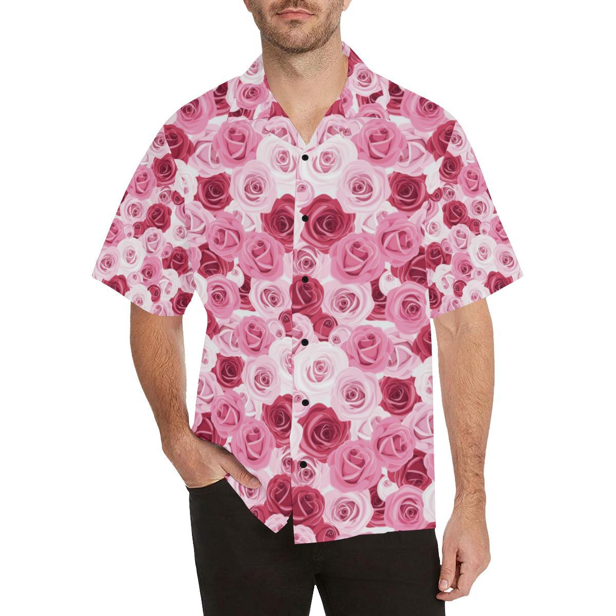 Pink Red Rose Pattern Print Men Aloha Hawaiian Shirt