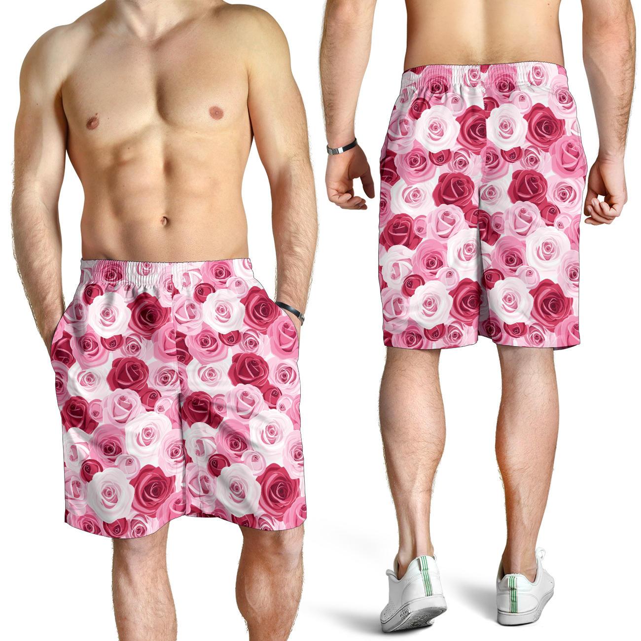 Pink Red Rose Pattern Print Mens Shorts-JTAMIGO.COM
