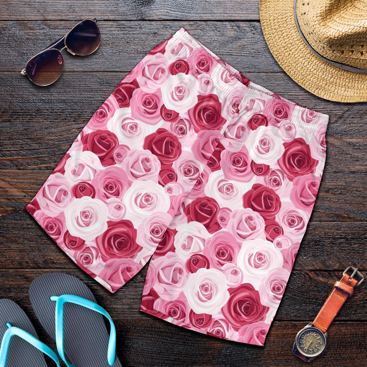 Pink Red Rose Pattern Print Mens Shorts-JTAMIGO.COM
