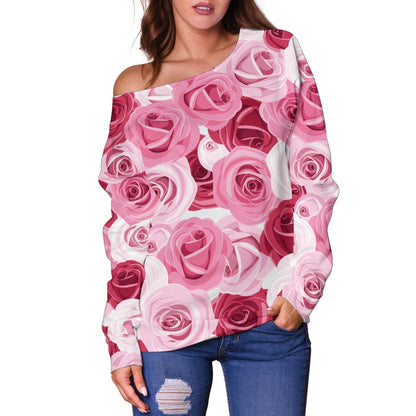 Pink Red Rose Pattern Print Off Shoulder Sweatshirt