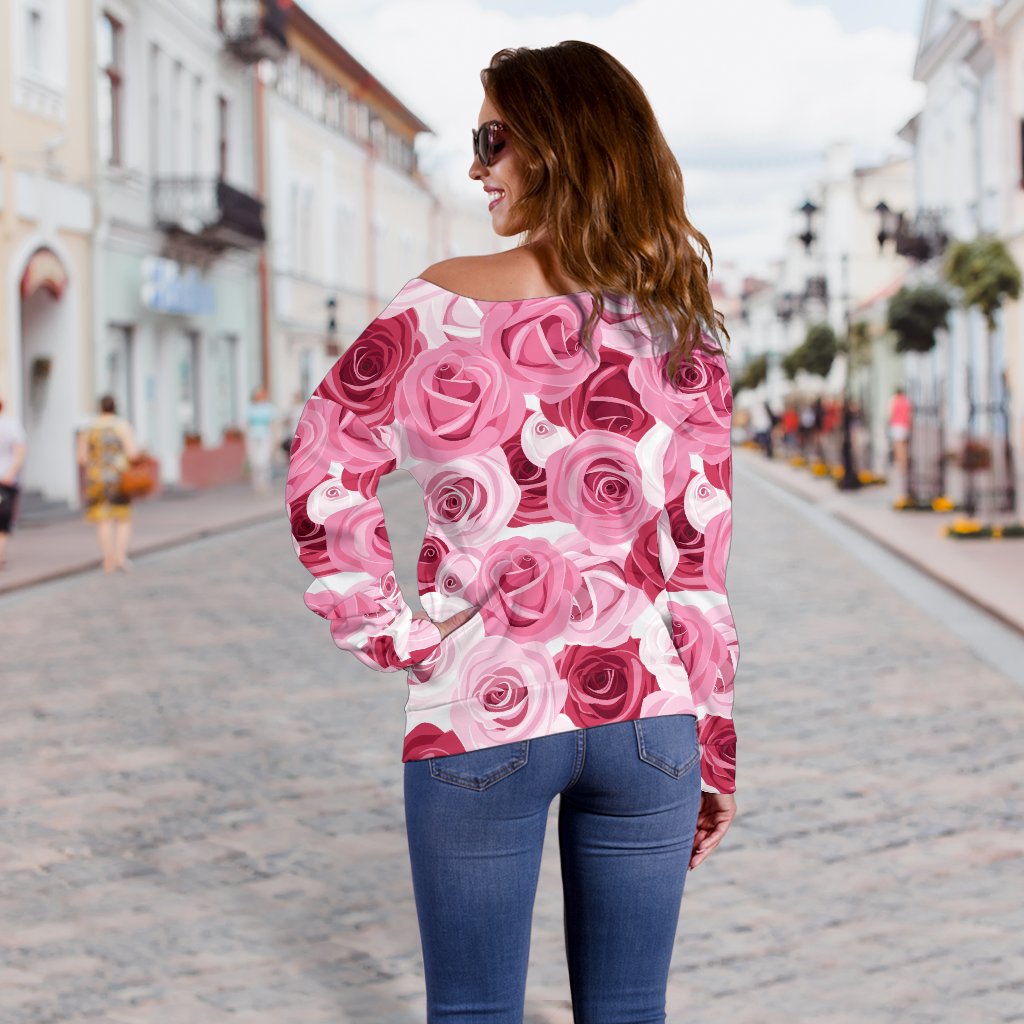 Pink Red Rose Pattern Print Off Shoulder Sweatshirt