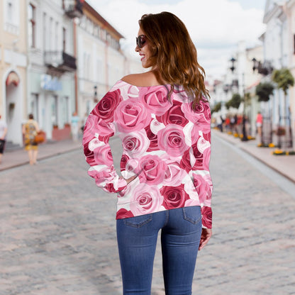 Pink Red Rose Pattern Print Off Shoulder Sweatshirt