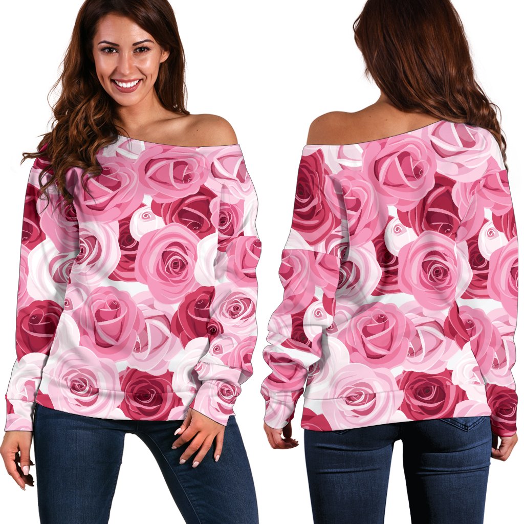 Pink Red Rose Pattern Print Off Shoulder Sweatshirt