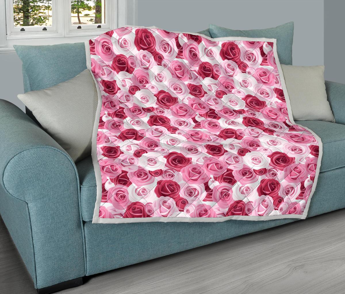 Pink Red Rose Pattern Print Premium Quilt-JTAMIGO.COM