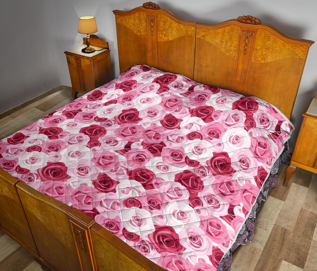 Pink Red Rose Pattern Print Premium Quilt-JTAMIGO.COM