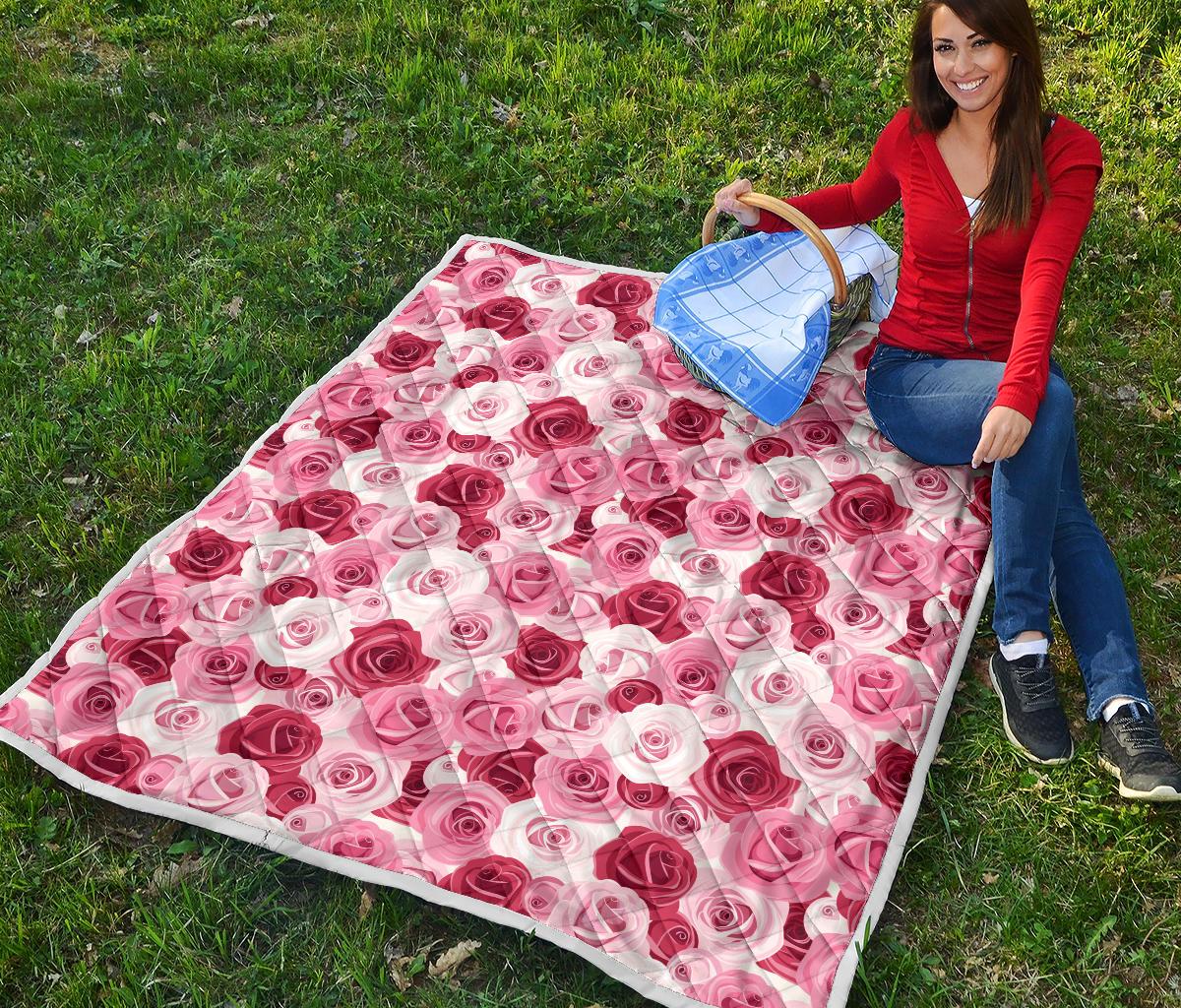 Pink Red Rose Pattern Print Premium Quilt-JTAMIGO.COM