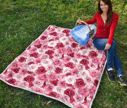 Pink Red Rose Pattern Print Premium Quilt-JTAMIGO.COM