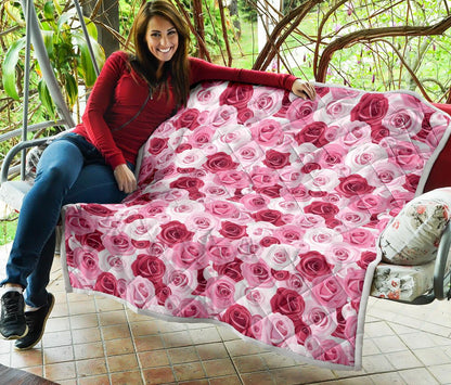Pink Red Rose Pattern Print Premium Quilt-JTAMIGO.COM