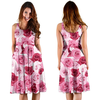 Pink Red Rose Pattern Print Sleeveless Dress