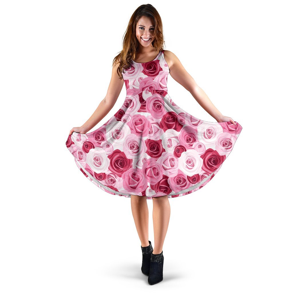 Pink Red Rose Pattern Print Sleeveless Dress