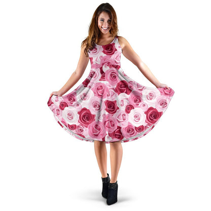 Pink Red Rose Pattern Print Sleeveless Dress