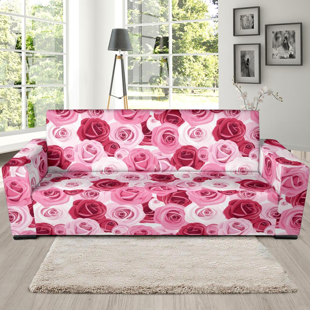 Pink Red Rose Pattern Print Sofa Slipcover-JTAMIGO.COM