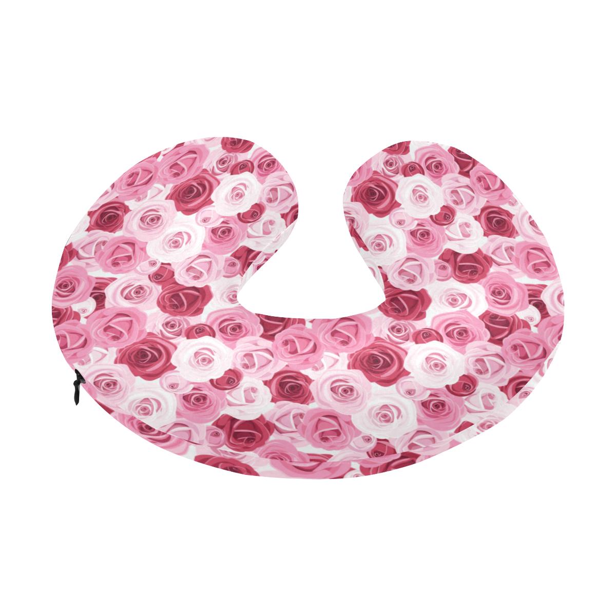 Pink Red Rose Pattern Print U-Shaped Travel Neck Pillow-JTAMIGO.COM