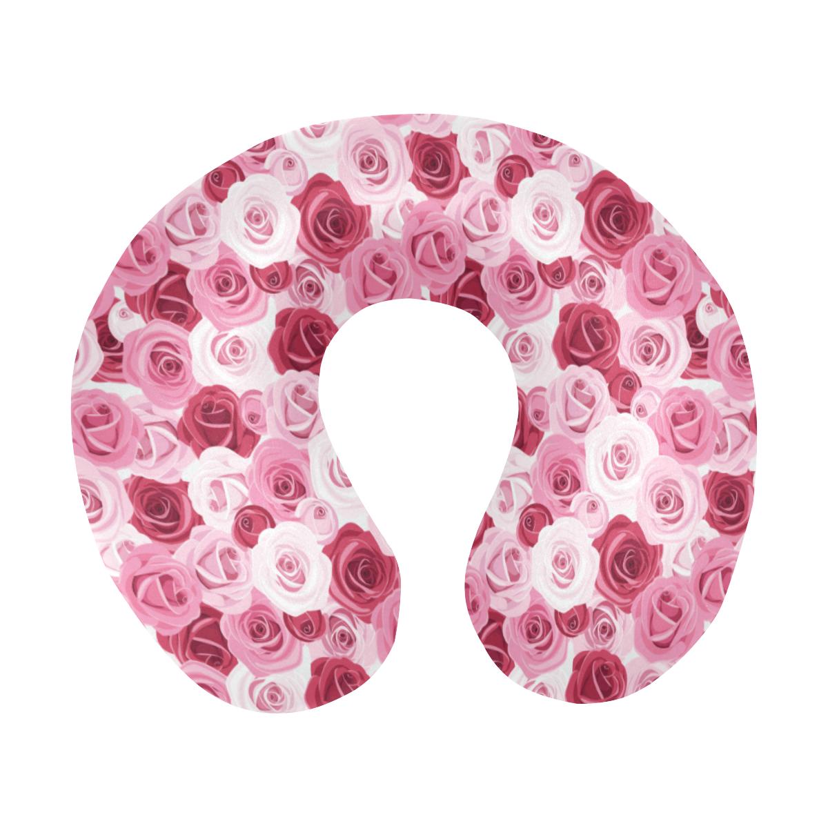 Pink Red Rose Pattern Print U-Shaped Travel Neck Pillow-JTAMIGO.COM
