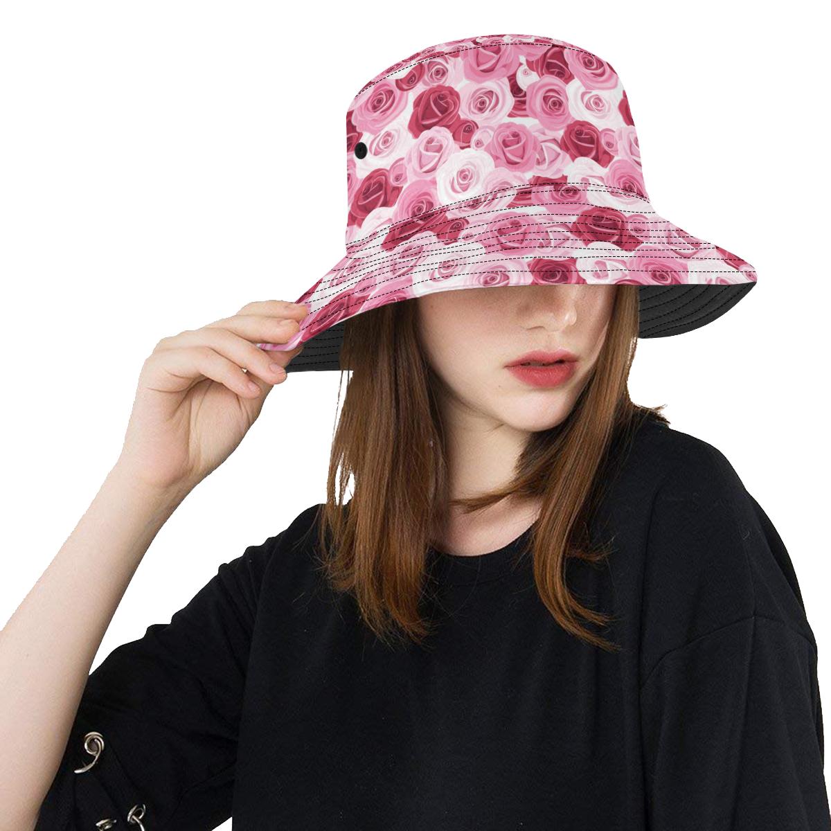 Pink Red Rose Pattern Print Unisex Bucket Hat