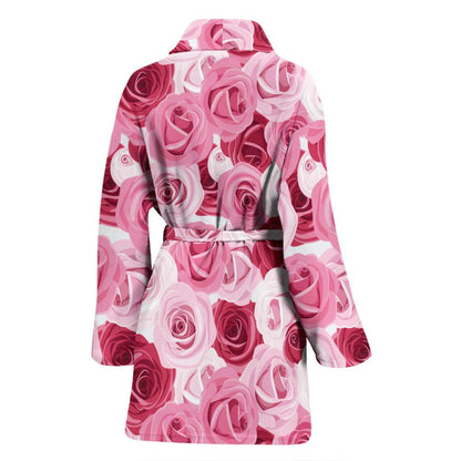 Pink Red Rose Pattern Print Women Bath Robe-JTAMIGO.COM
