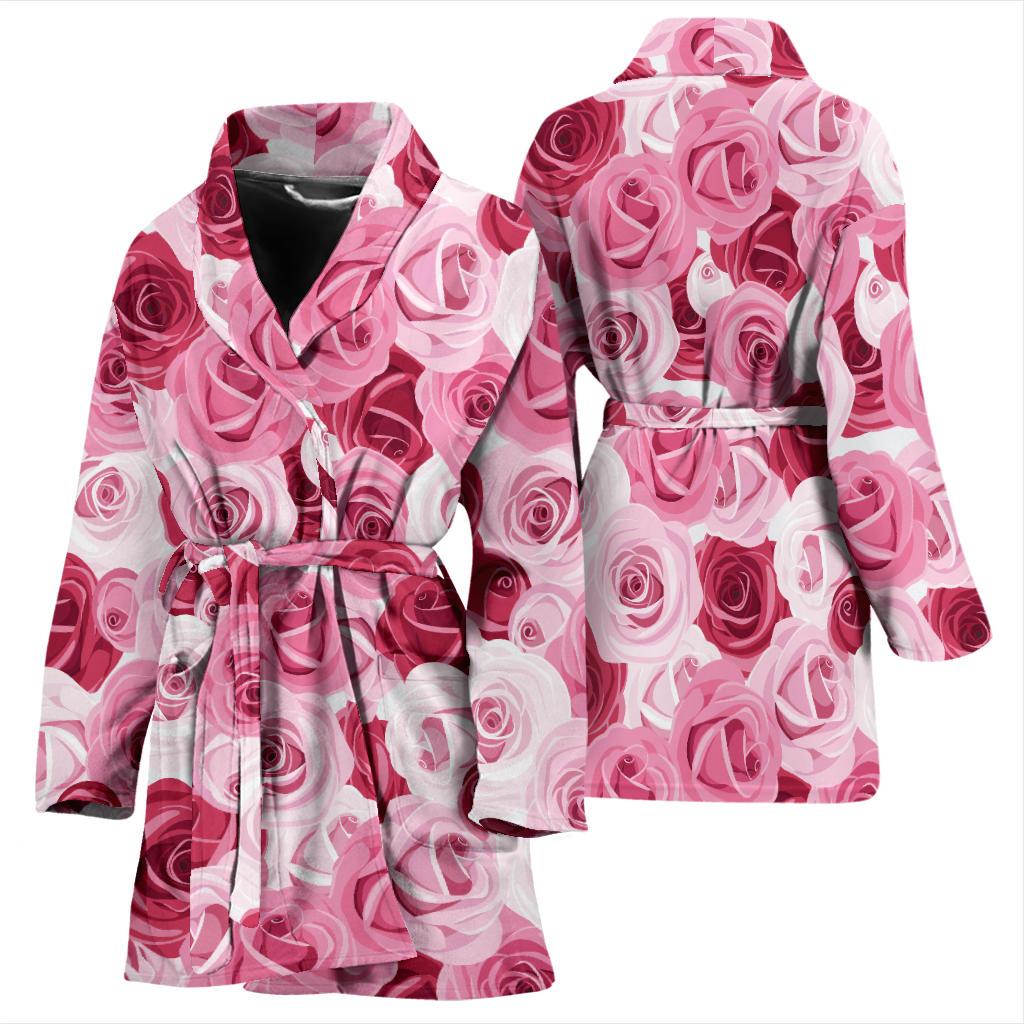 Pink Red Rose Pattern Print Women Bath Robe-JTAMIGO.COM