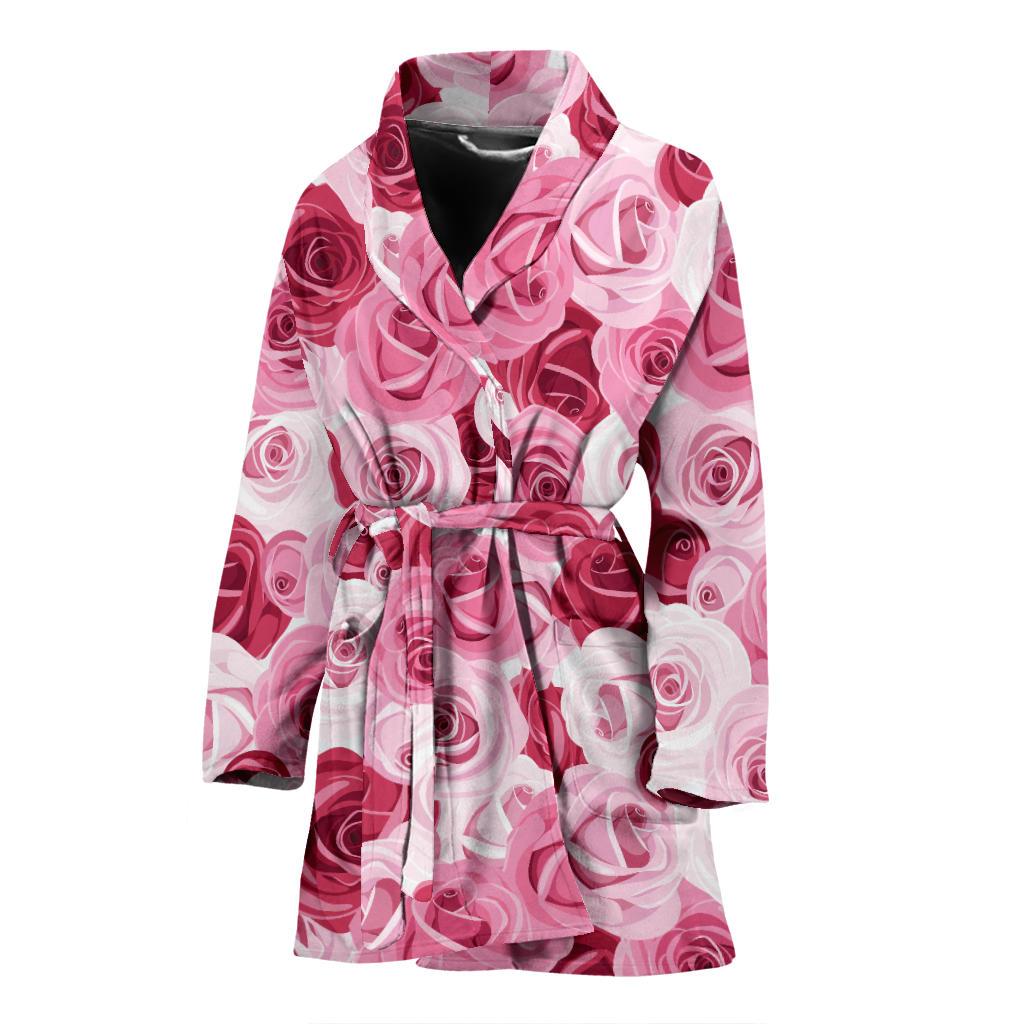 Pink Red Rose Pattern Print Women Bath Robe-JTAMIGO.COM