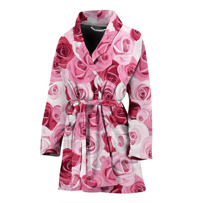 Pink Red Rose Pattern Print Women Bath Robe-JTAMIGO.COM