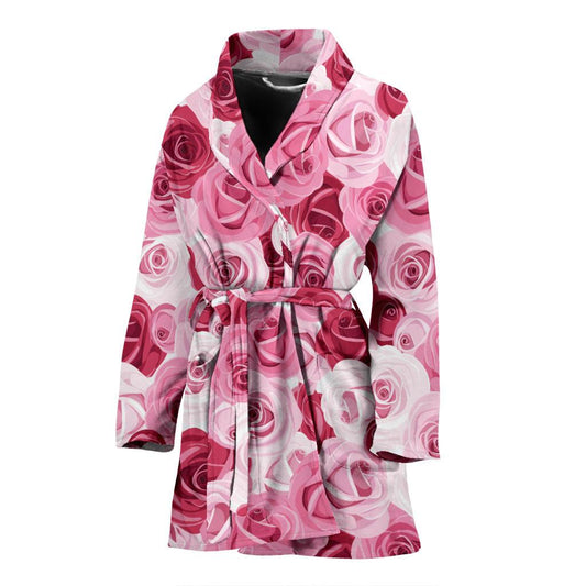 Pink Red Rose Pattern Print Women Bath Robe-JTAMIGO.COM