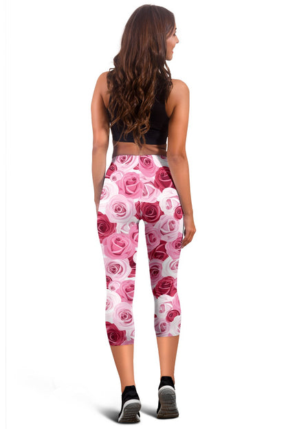 Pink Red Rose Pattern Print Women Capris