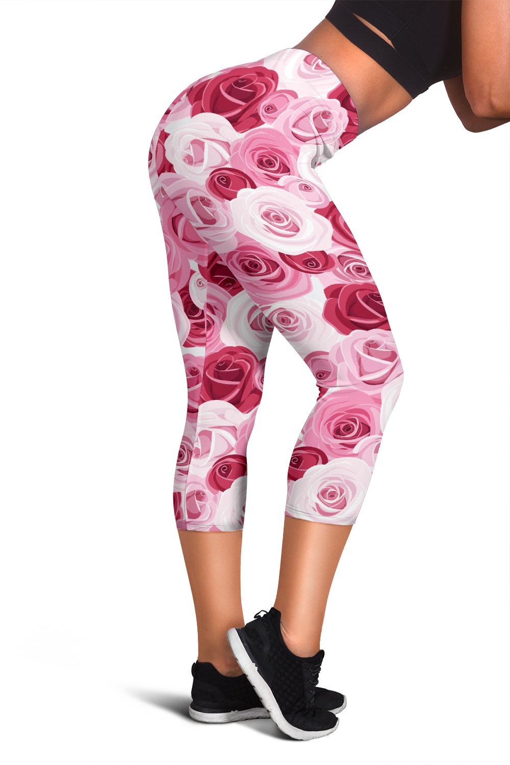 Pink Red Rose Pattern Print Women Capris