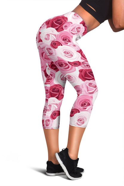 Pink Red Rose Pattern Print Women Capris