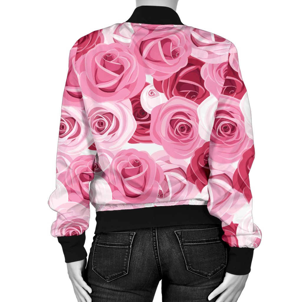 Pink Red Rose Pattern Print Women Casual Bomber Jacket