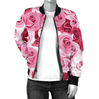 Pink Red Rose Pattern Print Women Casual Bomber Jacket