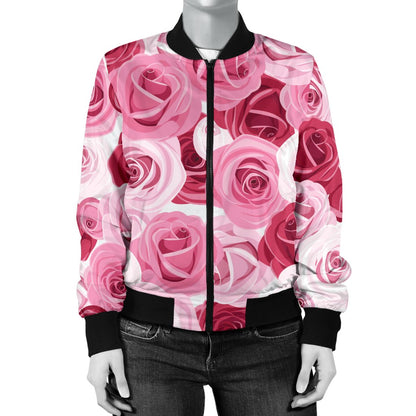 Pink Red Rose Pattern Print Women Casual Bomber Jacket