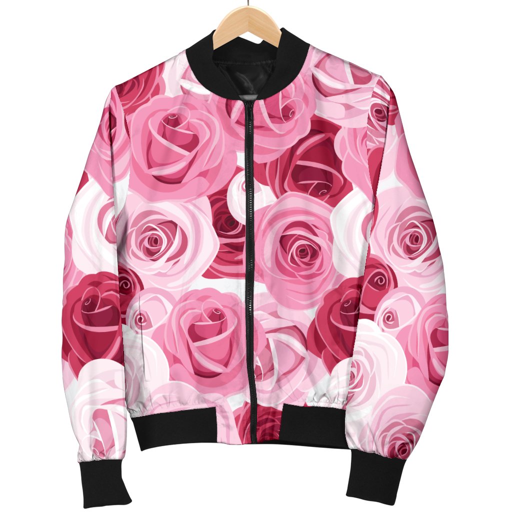 Pink Red Rose Pattern Print Women Casual Bomber Jacket