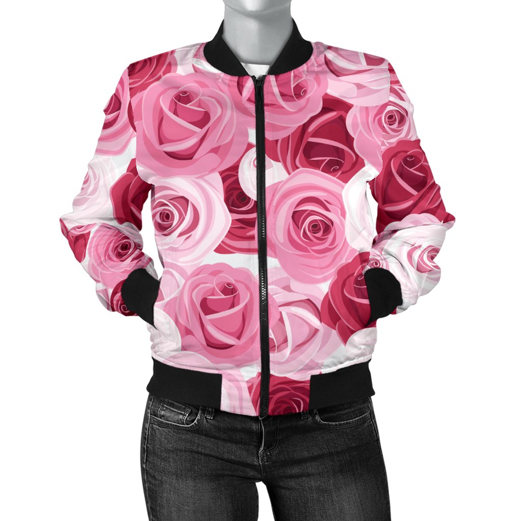 Pink Red Rose Pattern Print Women Casual Bomber Jacket