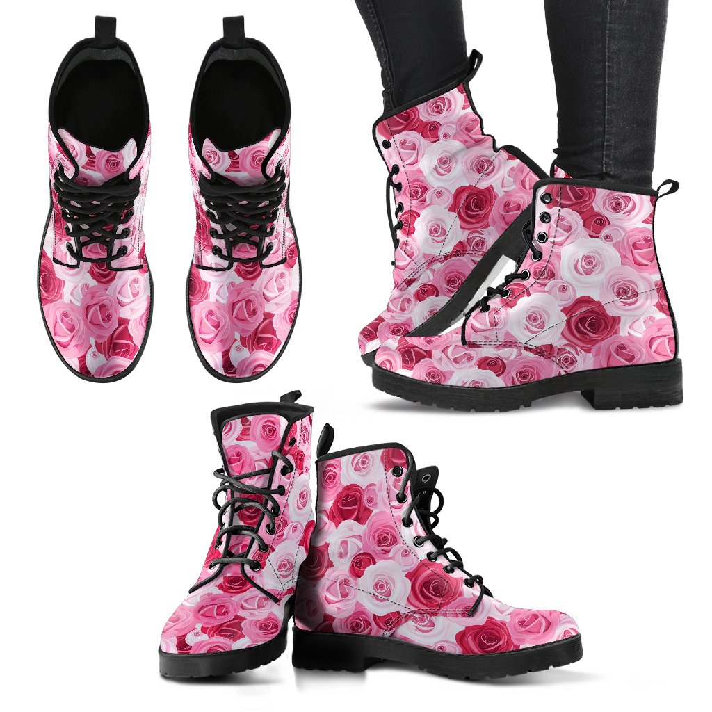 Pink Red Rose Pattern Print Women Leather Boots-JTAMIGO.COM