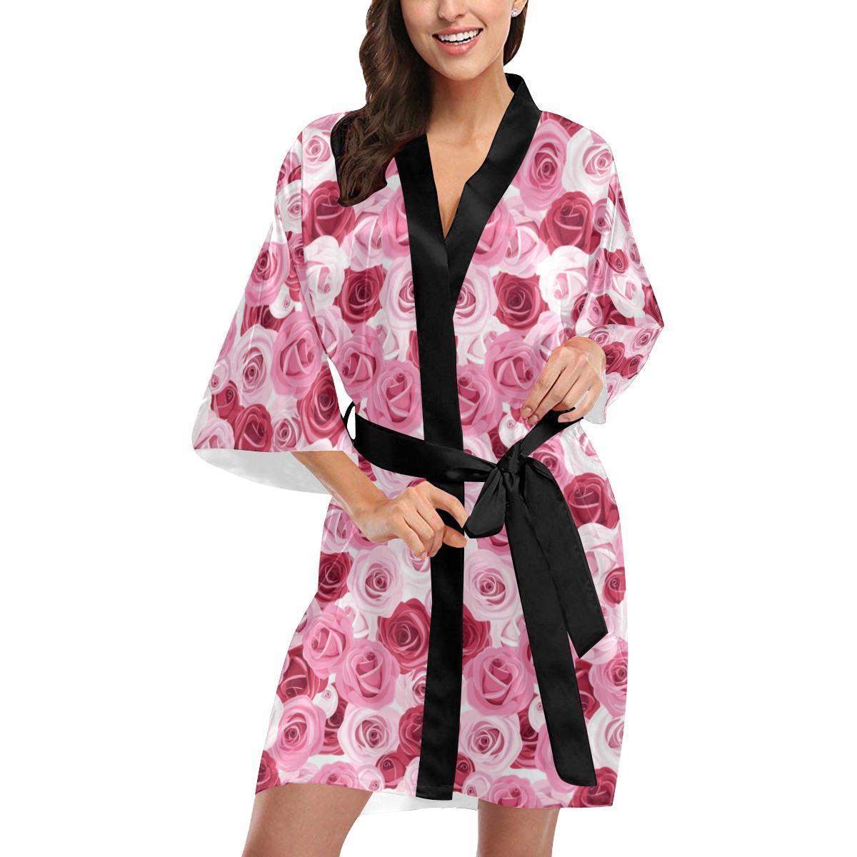 Pink Red Rose Pattern Print Women Short Kimono Robe
