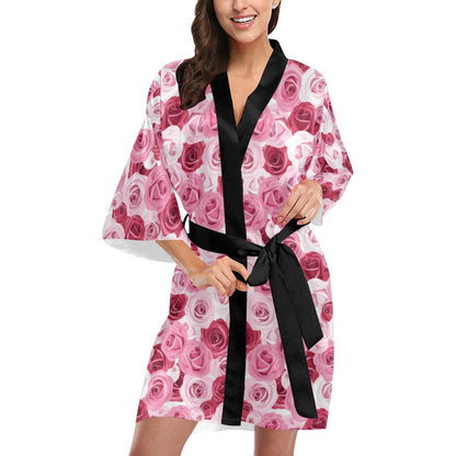 Pink Red Rose Pattern Print Women Short Kimono Robe
