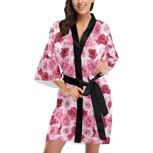 Pink Red Rose Pattern Print Women Short Kimono Robe