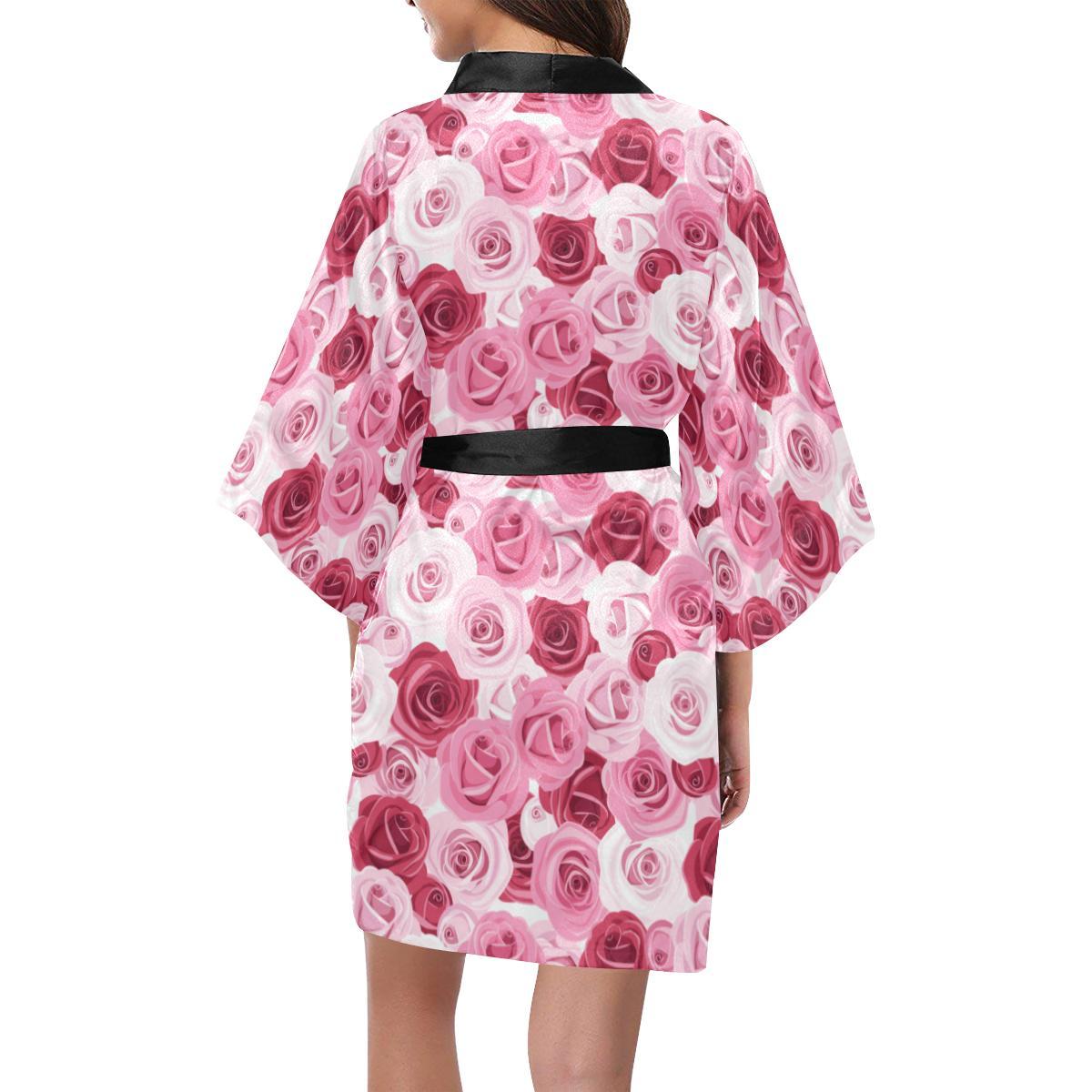 Pink Red Rose Pattern Print Women Short Kimono Robe