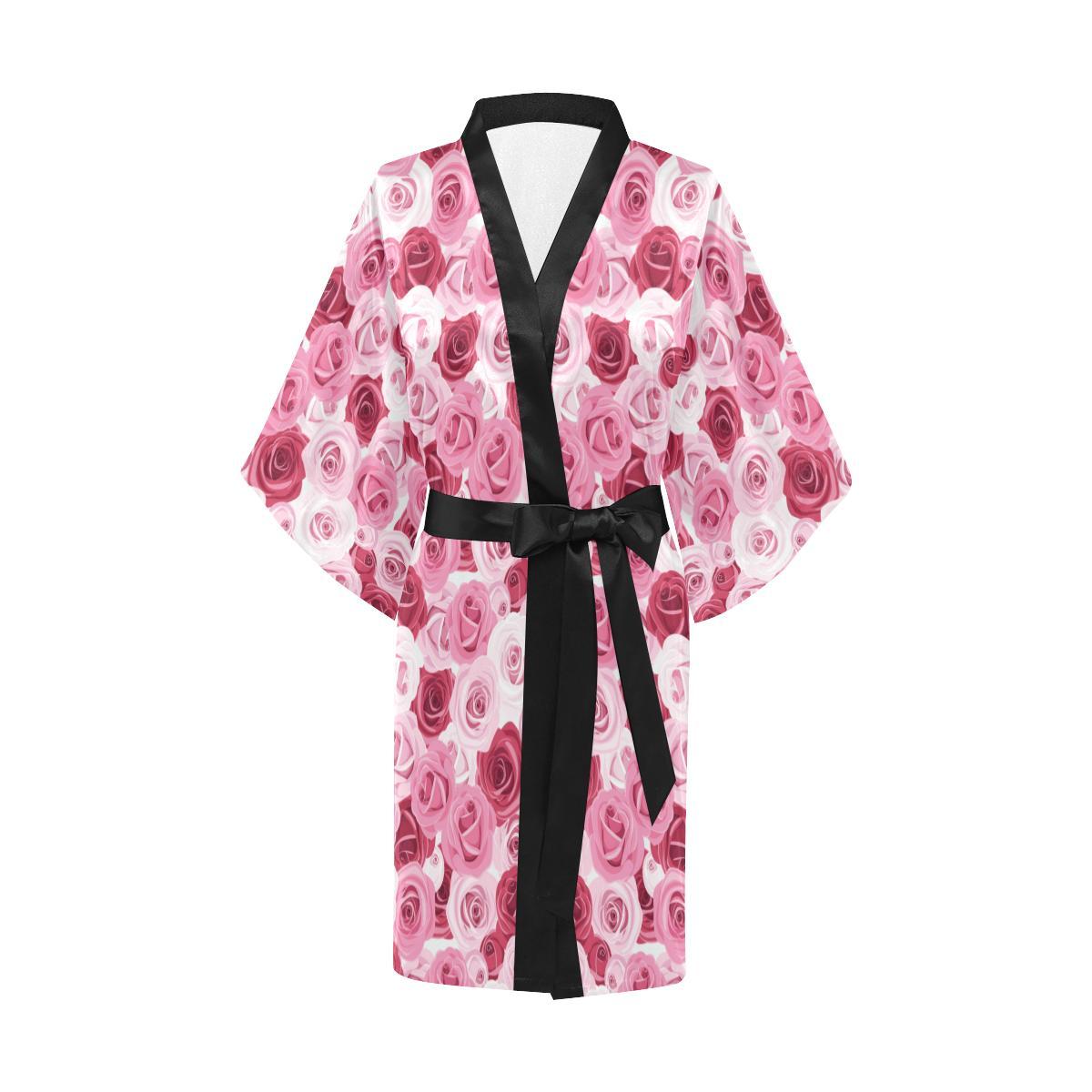 Pink Red Rose Pattern Print Women Short Kimono Robe