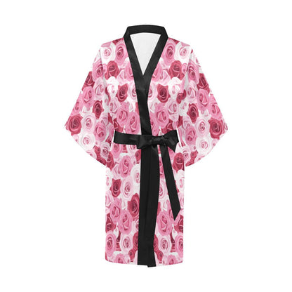 Pink Red Rose Pattern Print Women Short Kimono Robe
