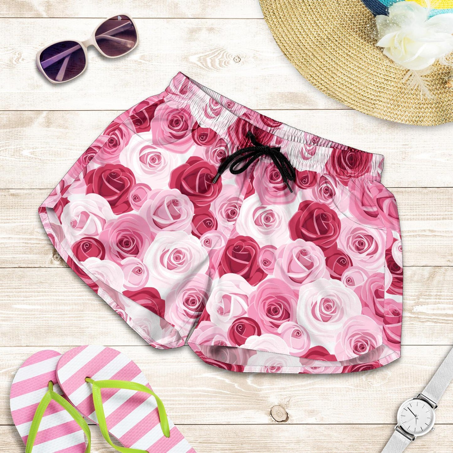 Pink Red Rose Pattern Print Women Shorts-JTAMIGO.COM