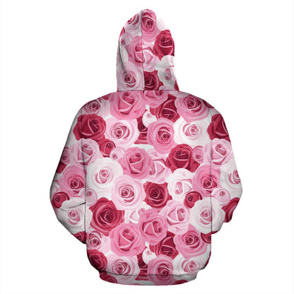 Pink Red Rose Pattern Print Zip Up Hoodie