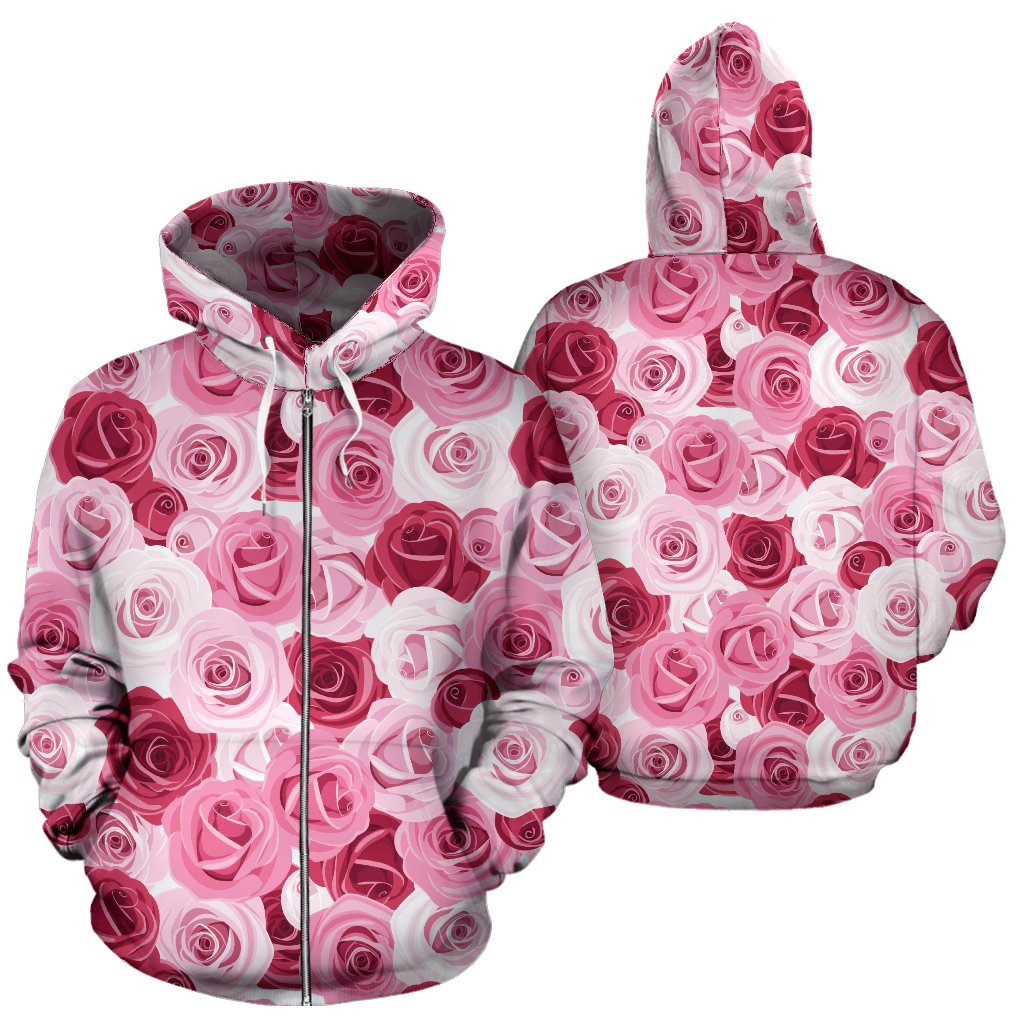 Pink Red Rose Pattern Print Zip Up Hoodie