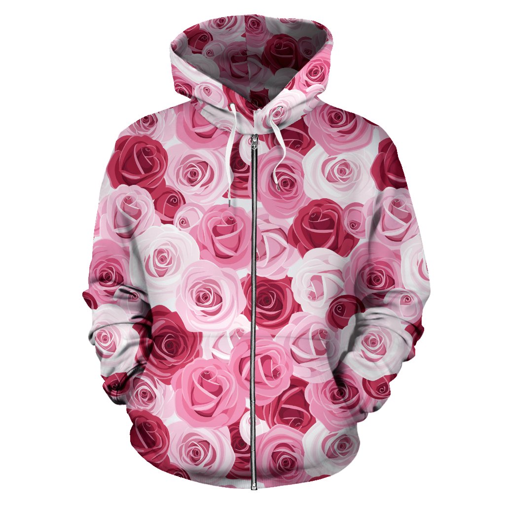 Pink Red Rose Pattern Print Zip Up Hoodie