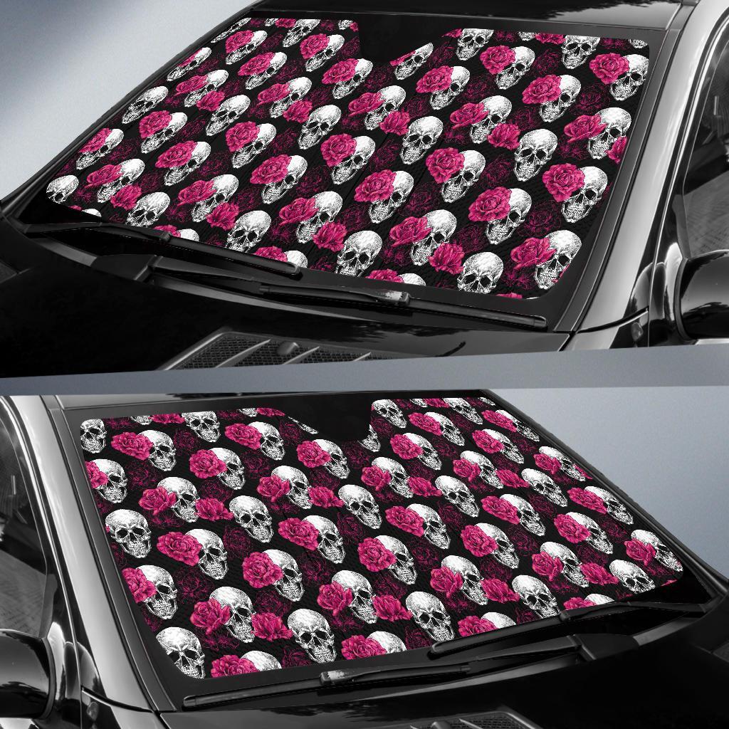 Pink Rose Skull Themed Print Car Sun Shade For Windshield