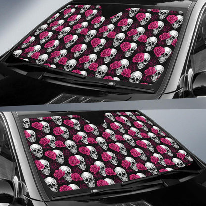 Pink Rose Skull Themed Print Car Sun Shade For Windshield