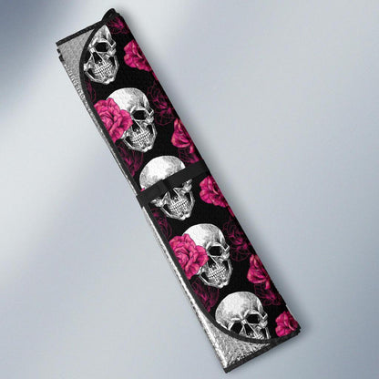 Pink Rose Skull Themed Print Car Sun Shade For Windshield